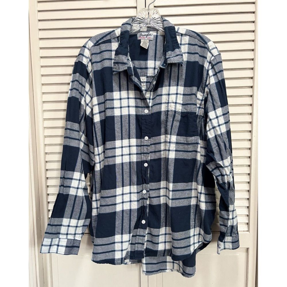 Wrangler Wrancher Blue/White Plaid Flannel Button Up Long Sleeve Shirt Size XXL